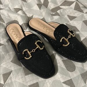 CCOCCI Sparkling Black Mules with Gold Accents